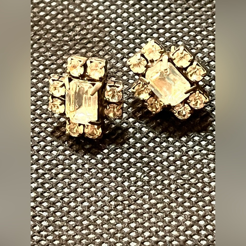 Vintage Clear Crystal Emerald Cut Rhinestone Converted to Pierced Earrings MCM